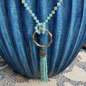 Blue & Gold Beaded Tassel Necklace